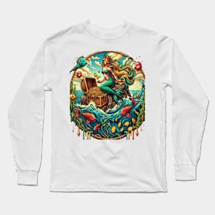 Mermaid sitting on a rock with a open treasured Long Sleeve T-Shirt